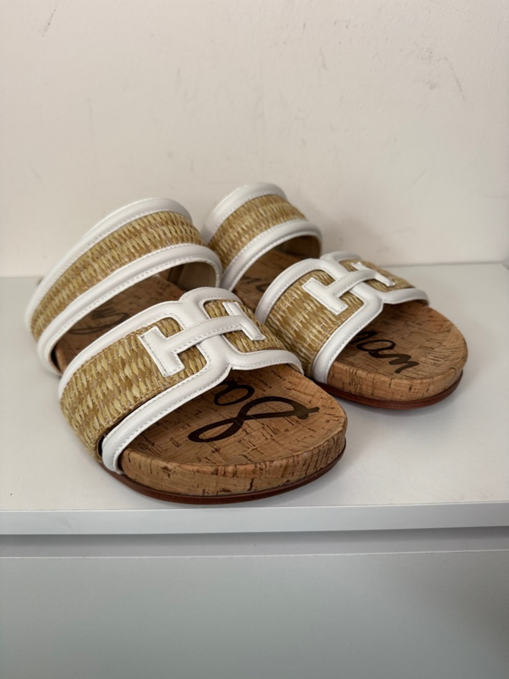 Sam Edelman White Natural Raffia Cork Slide Sandals Womens Summer Resort - Picture 4 of 11